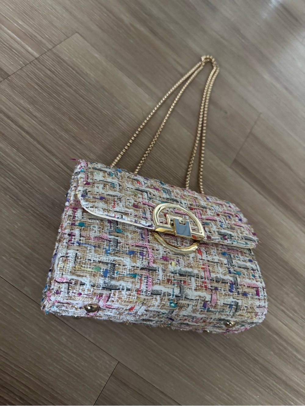 Multicolor Tweed Gold Chain Shoulder Bag